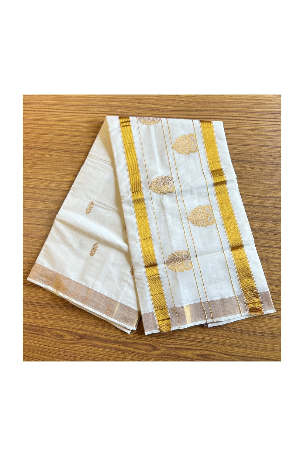 25% Discount! Kaitharikada Kerala Cotton Saree Off white - 12 inch Kasavu Saree with Designed Pattern putta Design - 6KK1003HAR