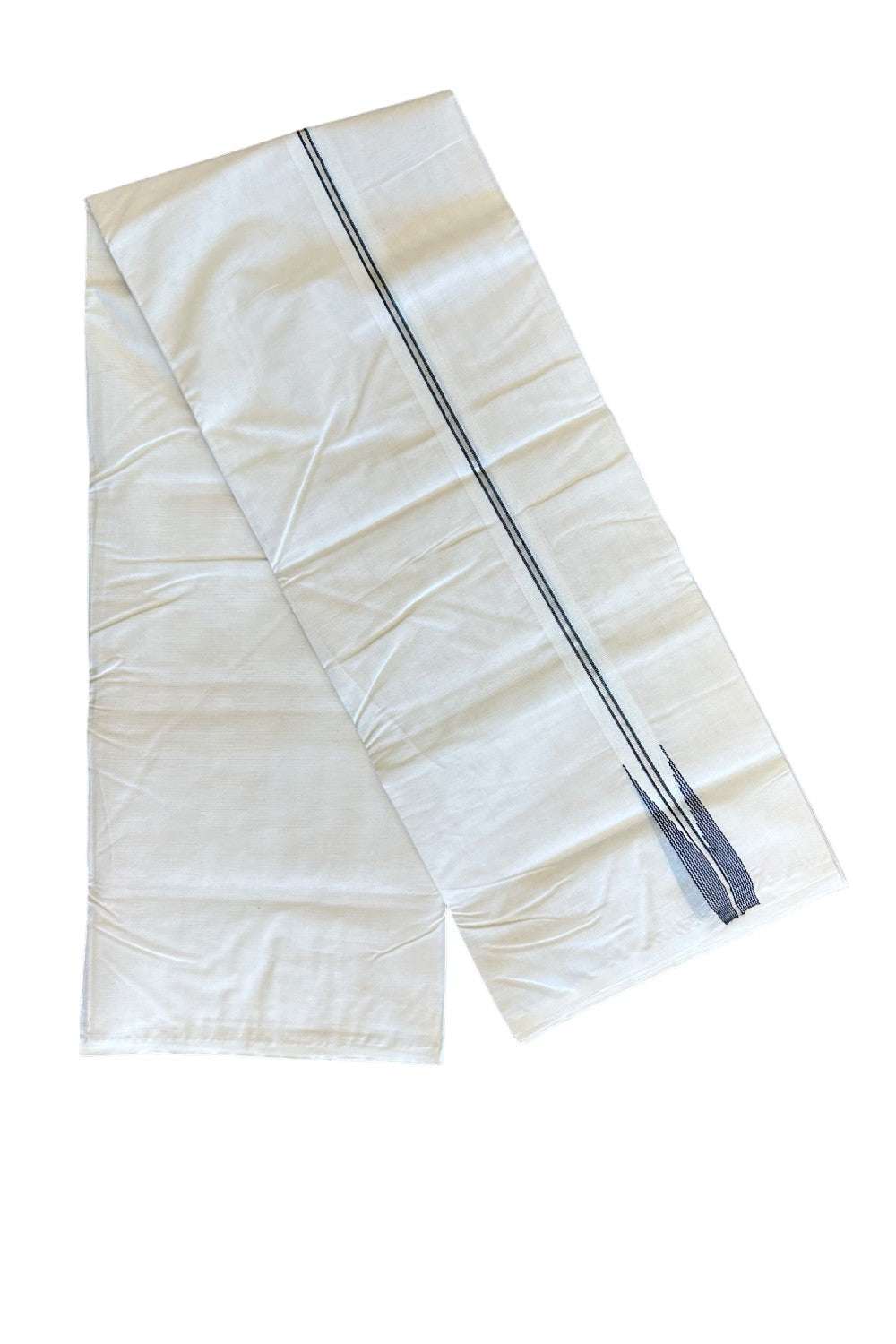 27% DISCOUNT!! KaithariKada Balaramapuram 100% Cotton off white  Double - (Unbleached) Mundu/Dhoti-100x100  Silver Kasavu & Black Striped Chutty - 6KK115KAI