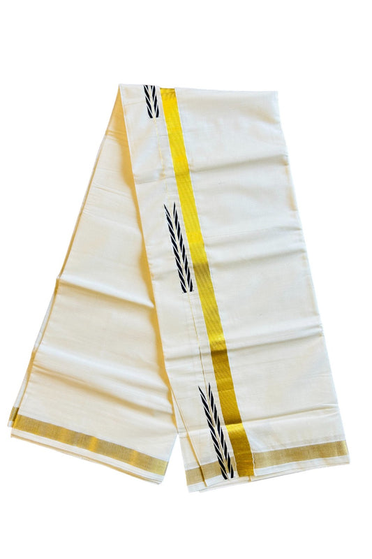 15% DISCOUNT!!! KaithariKada Balaramapuram 100%  Cotton off white Double  Mundu/Dhoti - 80X72  GOLD KASAVU & Black CHUTTY Kara - 6KK402VIN