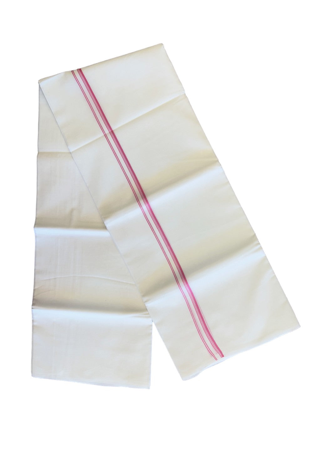 26% DISCOUNT ! KaithariKada Balaramapuram 100% Cotton Double Pure white Mundu/Dhoti-100X100 - Rose Pink & Stripes 2cm Kara.- 6KK406ASH