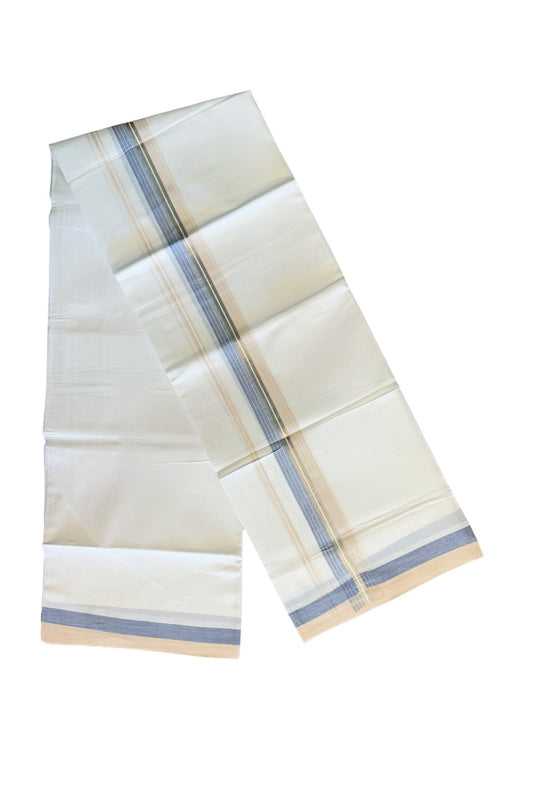 28% DISCOUNT!!! KaithariKada Balaramapuram 100% Cotton PURE white Double Mundu/Dhoti-100x90   2.5 Inch Silver kasavu Blue & Cream striped kara  - 6KK407VIN