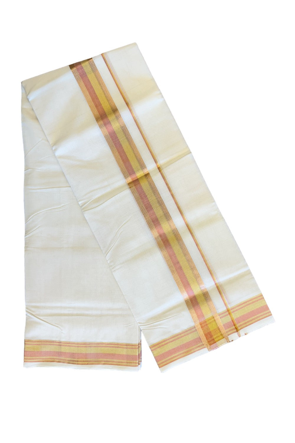 18% DISCOUNT!! KaithariKada HANDLOOM Millpaav Balaramapuram - 100% PURE Cotton OFF White Double Mundu/Dothi - 3 inch Copper & kasavu kara - 6KK410RAM