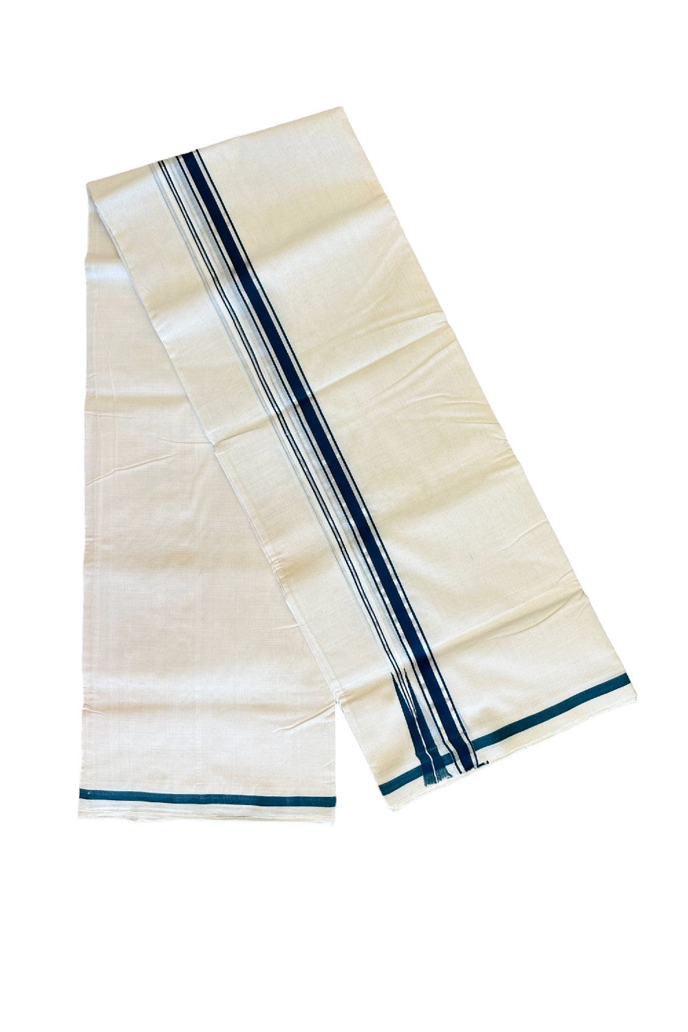 15% Discount!!! KaithariKada HANDLOOM UNAKKUPAAV Balaramapuram - 100% PURE Cotton off white Double Mundu/Dhoti - 1 inch Silver kasavu & Peacock green puliyilakkara chutty - 6KK415SOM