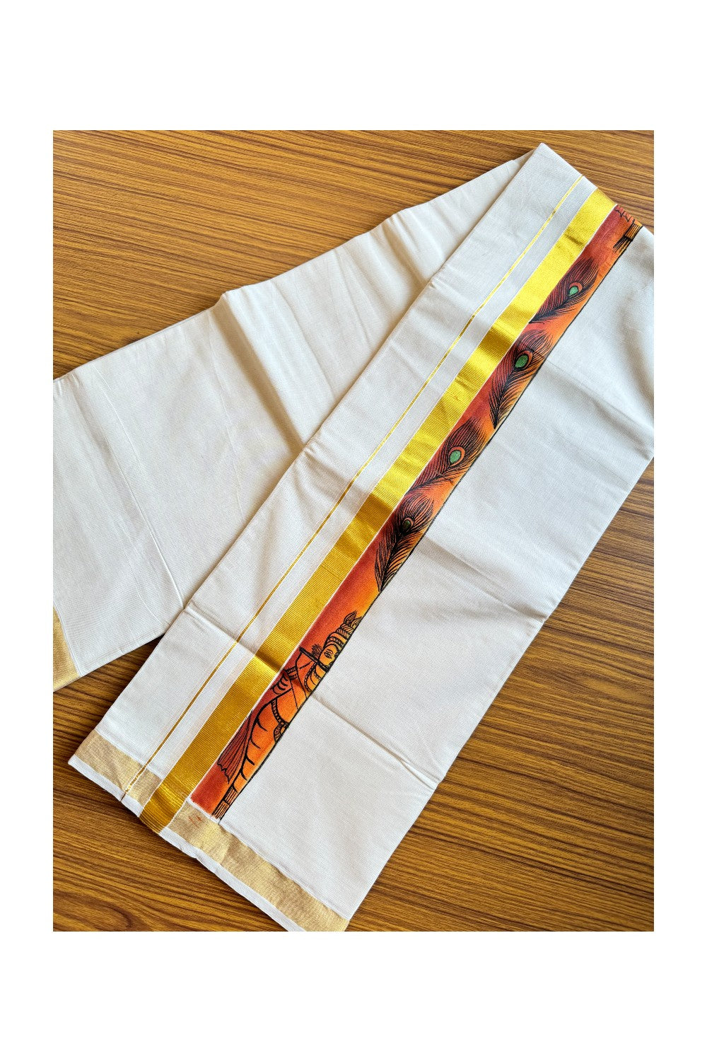 30% Discount! KaithariKada Balaramapuram 100% Cotton off white Double - (Unbleached) Mundu/Dhoti-80x72- Gold Kasavu HAND PAINTED Orange Peacock Feather and Krishna 2.75 inch Kara - 6KK424CEE