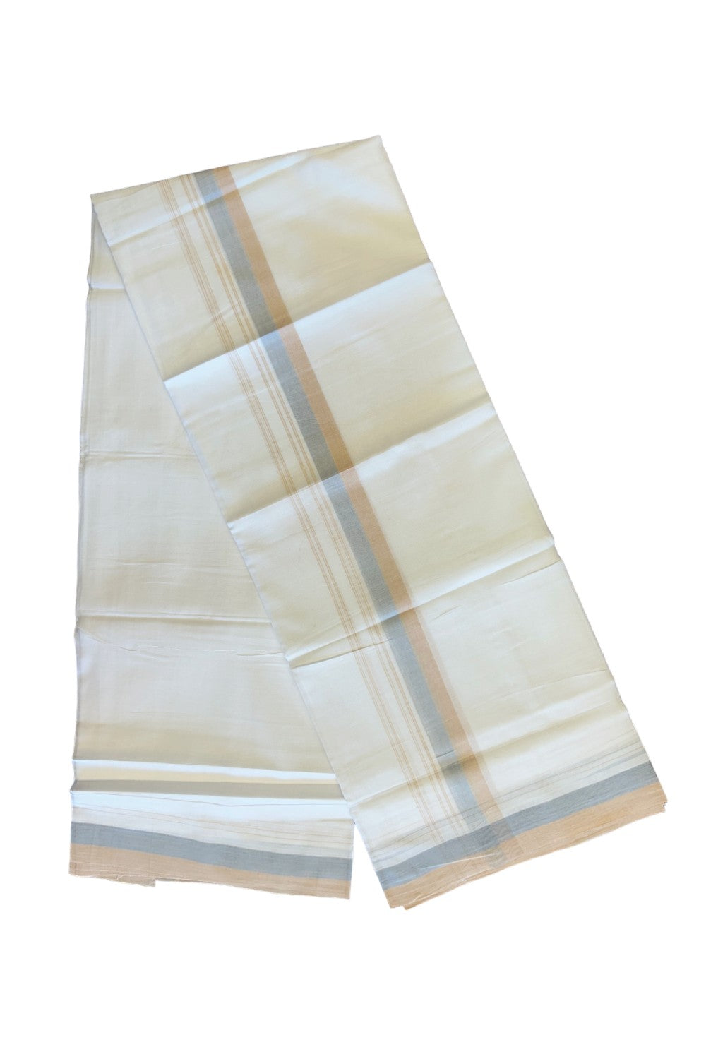 26% DISCOUNT!!! KaithariKada Balaramapuram 100% Cotton PURE white Double Mundu/Dhoti-100x90   2.25 Inch Sand Brown & Light Blue shaded stripes kara  - 6KK448VIN