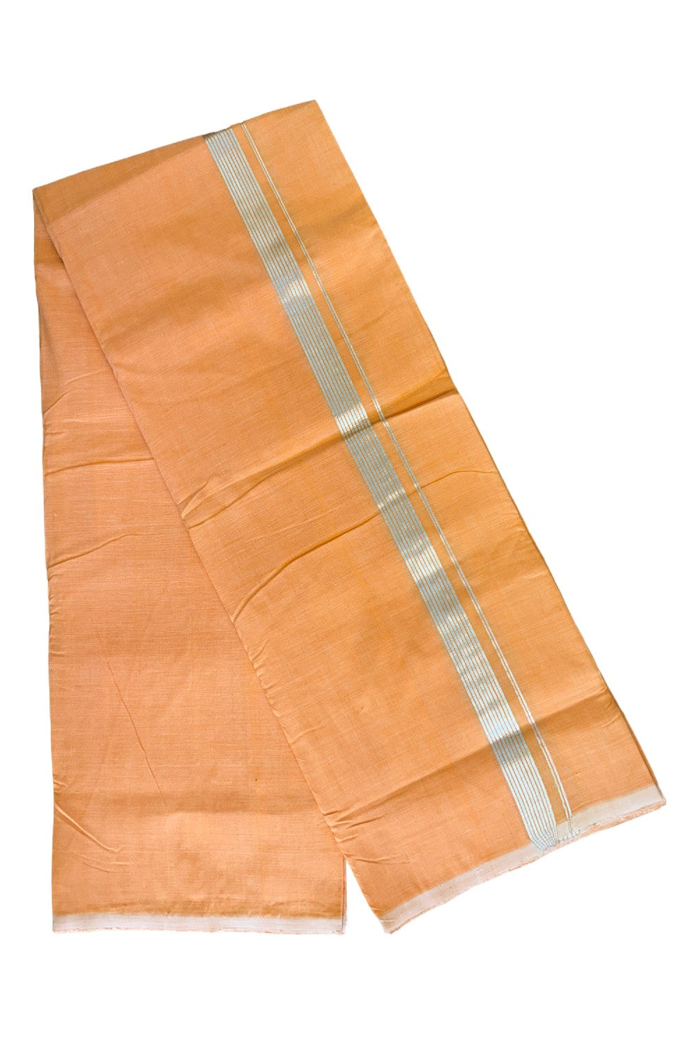 15% Discount! KaithariKada Handloom 100% Cotton Double Mundu/Dhoti - Orange Colour Body & Silver Striped 1.25inch Kara 3.94 mtr - 6KK452SOM