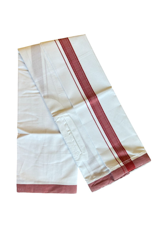 KaithariKada Balaramapuram  COTTON SINGLE PURE WHITE VELCRO Mundu/Dhoti - 1.75inch Brick Red kara - 6KK485SRI