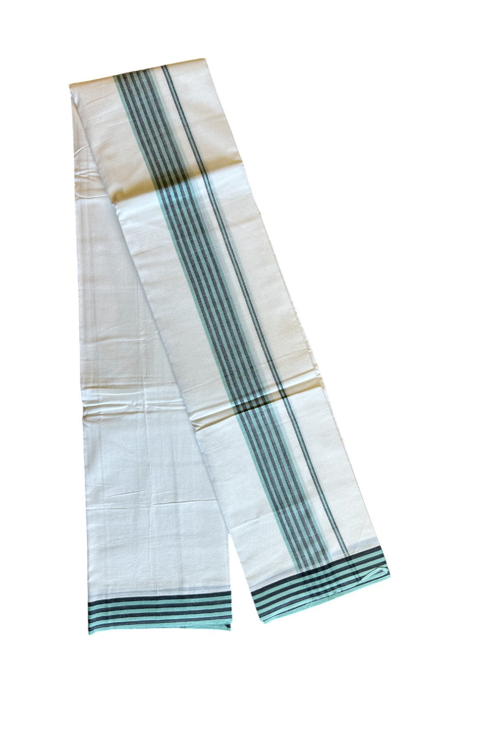 29% DISCOUNT! KaithariKada Balaramapuram 100% Cotton Ultra WHITE Double Mundu/Dhoti-100x100 2.5 inch Turqouise & Black Stripes Cotton kara 3.70m- 6KK493RAM