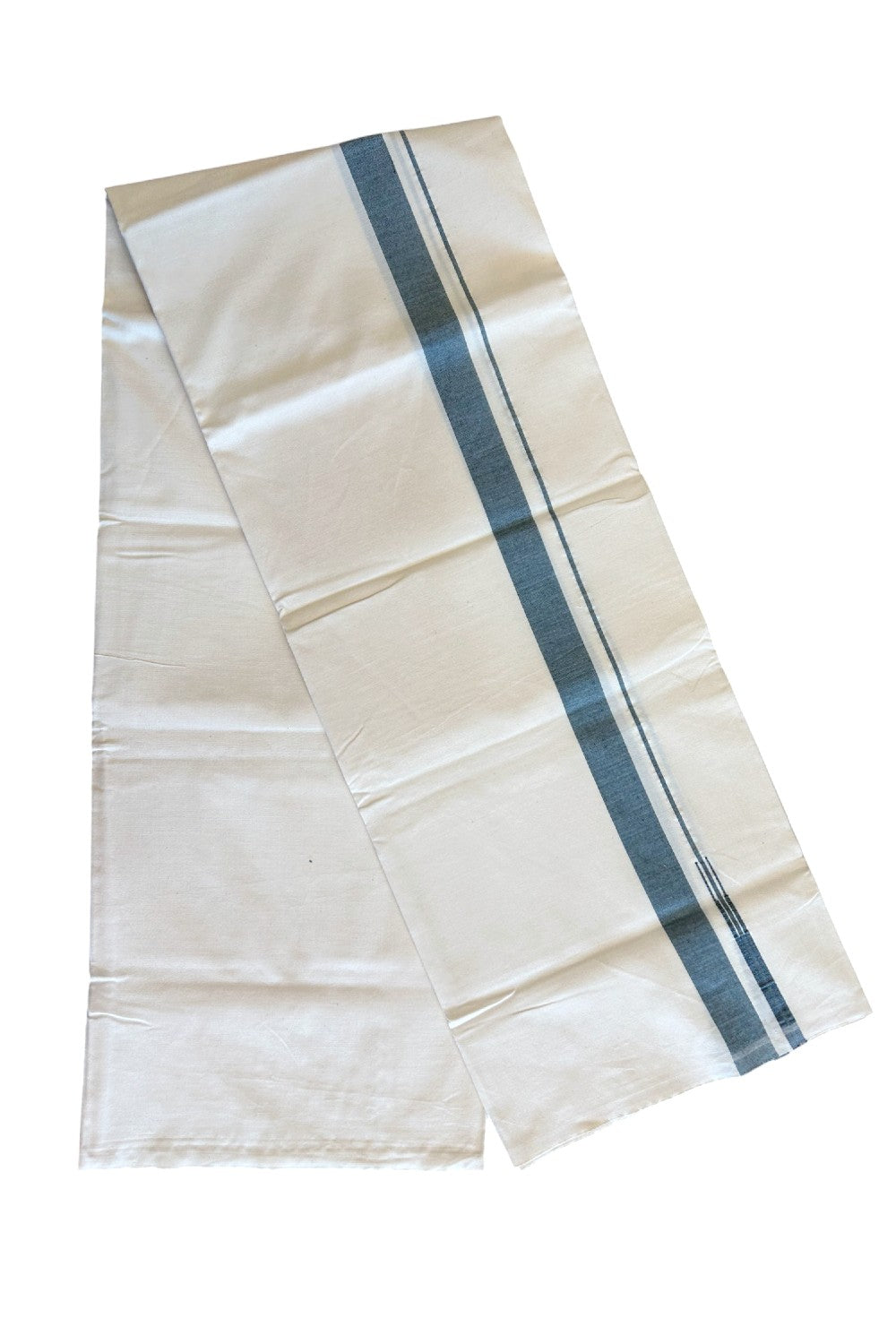 12% DISCOUNT ! KaithariKada Balaramapuram 100% COTTON SINGLE OFF WHITE Mundu/Dhoti-Twisted 100s Thread- 1.5 inch Green Puliyilakkara Chutty-6KK497ASH