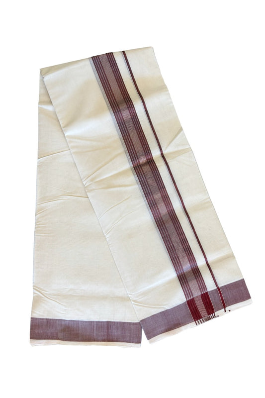 21% DISCOUNT!! KaithariKada HANDLOOM Millpaav Balaramapuram - 100% PURE Cotton OFF White Double Mundu/Dothi - 3 inch Dark MAROON & Silver kara - 6KK498KK