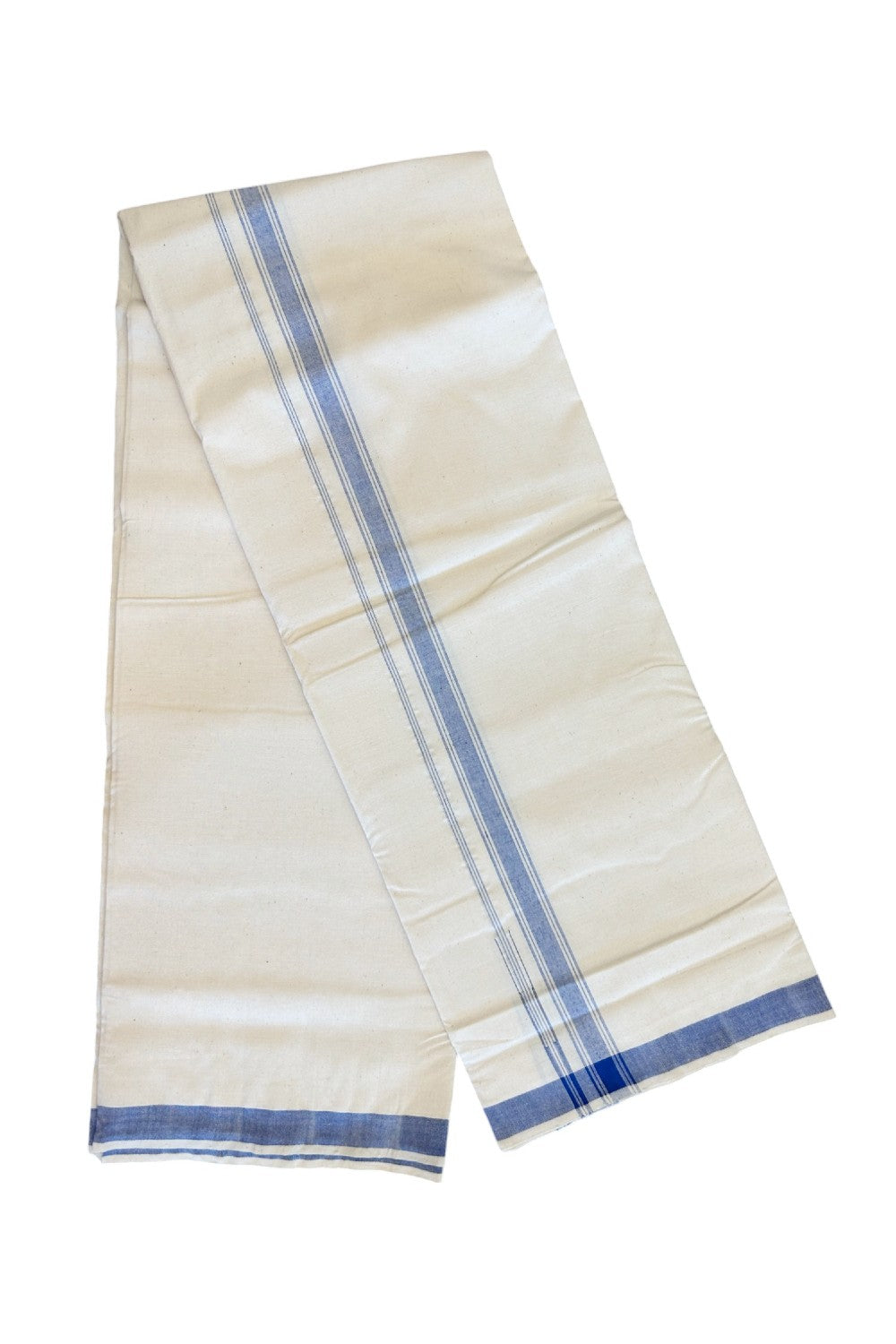 32% Discount KaithariKada 100% Cotton Balaramapuram HANDLOOM Single Mundu/Dhoti - Off White - (Unbleached) Puliyilakara Blue Striped Chutty Kara - 6KK499KK