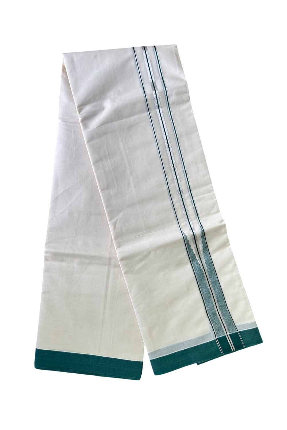 17% Discount !! KaithariKada Balaramapuram 100% Cotton off white - (Unbleached) Double Mundu/Dhoti - Puliyilakkara Green & Silver Big Striped Chutty kara - 6KK5003PMC