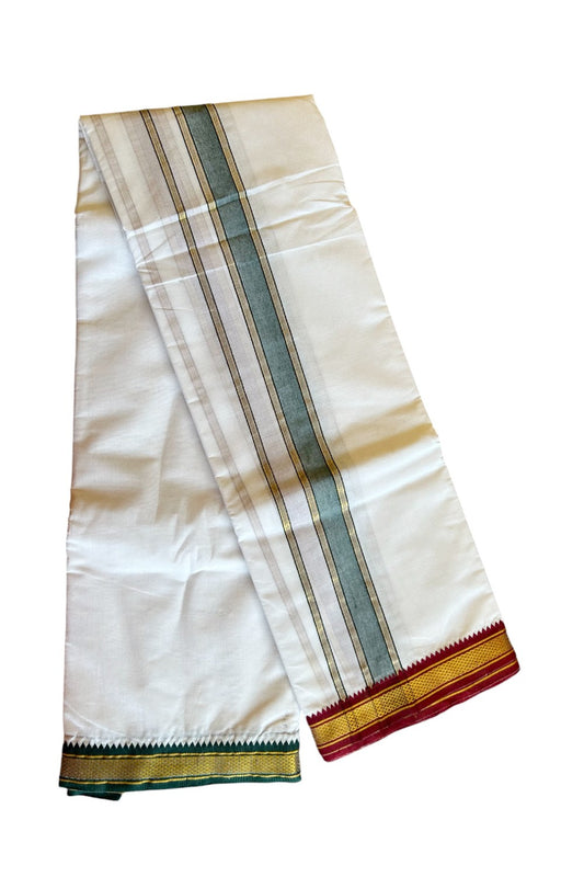 15% DISCOUNT! KaithariKada Cotton mix PURE White - 80x80 thread - 80% Cotton & 20% Polyester - NORTH INDIAN  - ATTACHED GAMCHA 10x6 Dhoti- Gold Kasavu Green & Maroon 2.65 inch kara - 6KK5008PMC