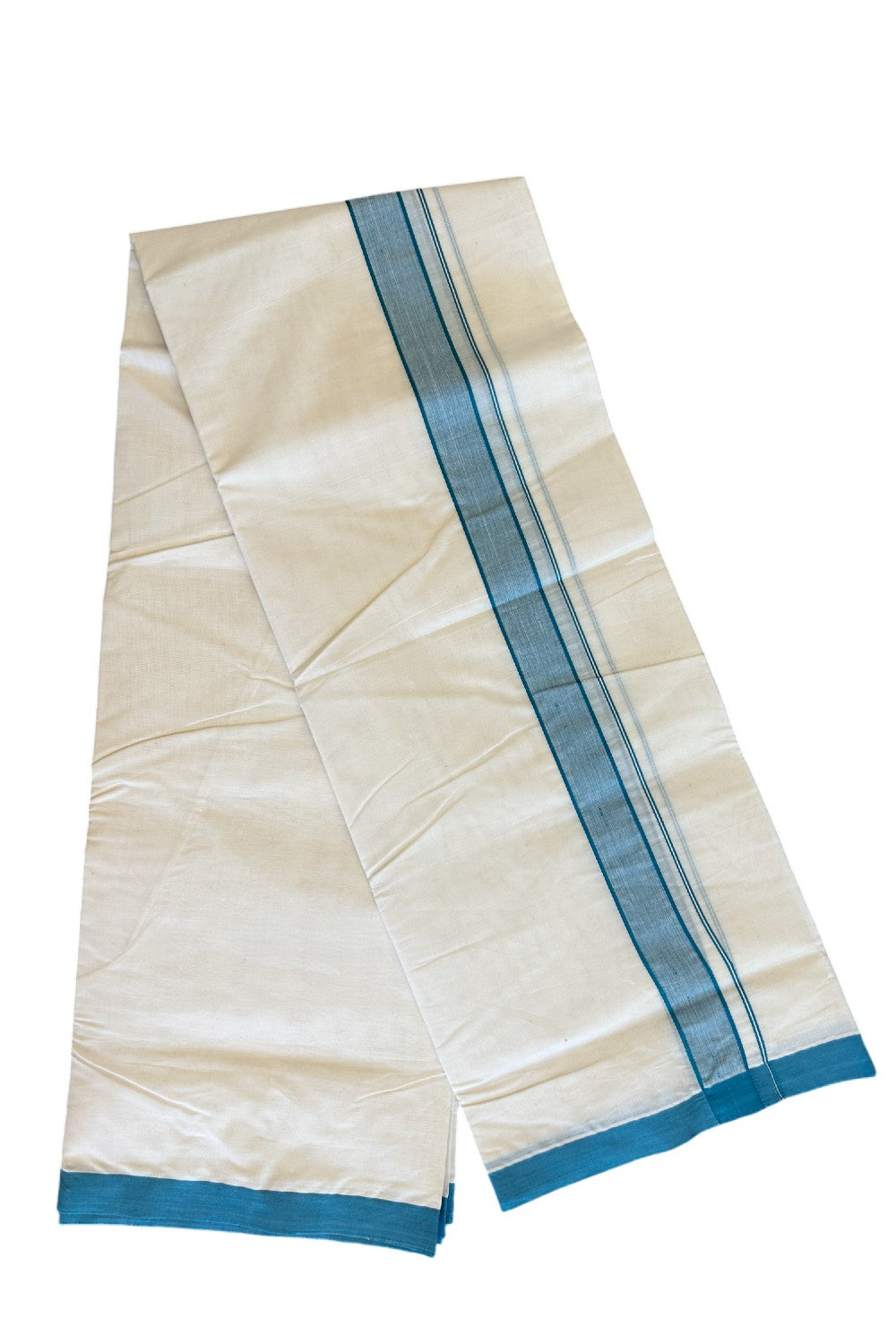 10% Discount KaithariKada Balaramapuram 100% Cotton Double Off white Mundu/Dhoti-100x100 2  inch Blue Green shaded Kara - 6KK500KK