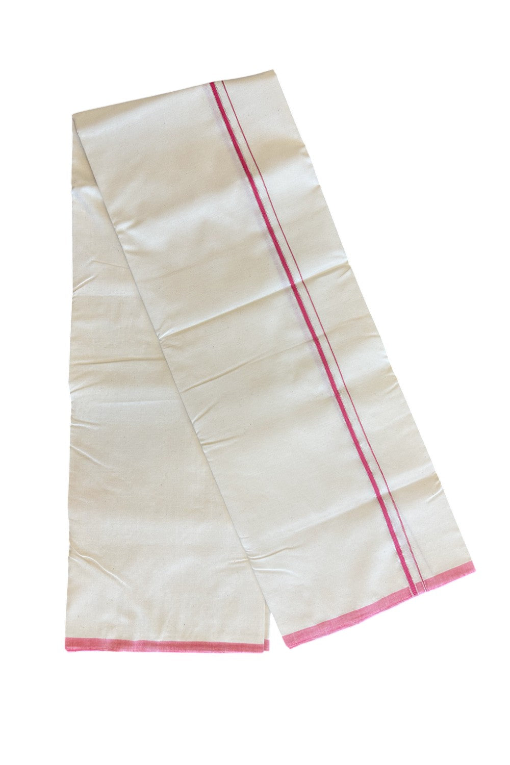 SIGNATURE KAITHARIKADA EXCLUSIVE SINGLE DHOTI - 100% Cotton Balaramapuram HANDLOOM Single Mundu/Dhoti - Off White - (Unbleached) 1.5cm Pink & Silver KASAVU Kara- 6KK5010KAI