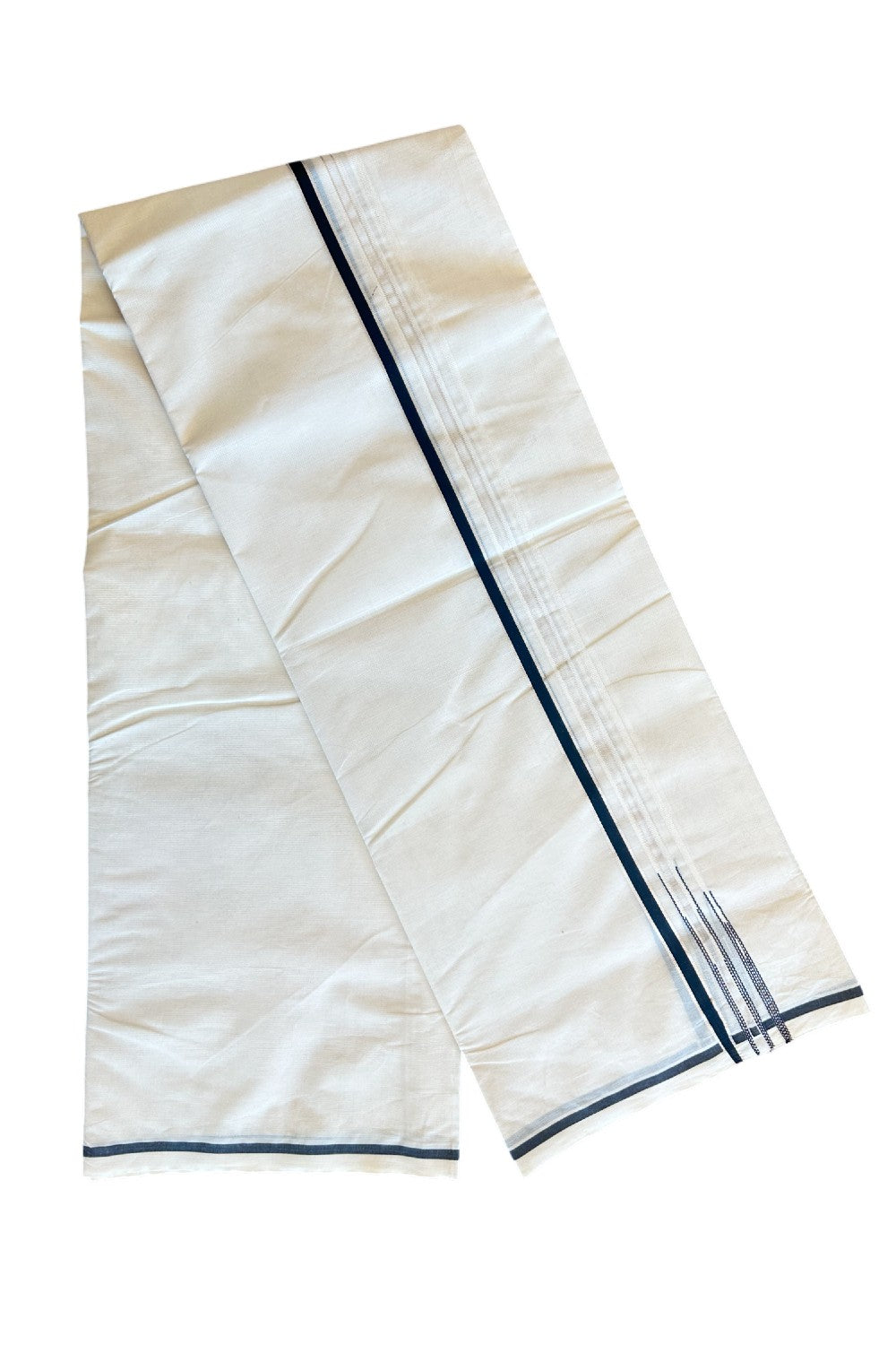 30% OFFER ! KaithariKada Balaramapuram 100% Cotton Double OFF WHITE - (Unbleached) Mundu/Dhoti-100x100  Puliyilakkara Chutty Black & SILVER Kasavu double chutty - 6KK5023ASH.