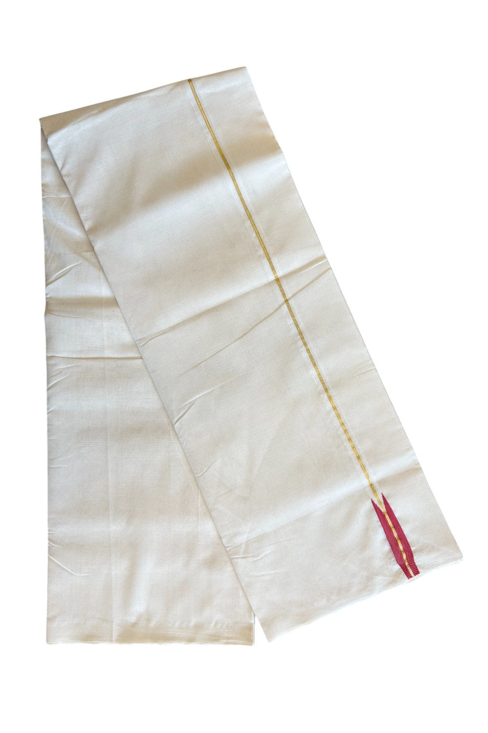 8% DISCOUNT!! KaithariKada HANDLOOM Unakkupaav Balaramapuram - 100% PURE Cotton OFF White Double - (Unbleached) Mundu/Dothi - Kasavu Pink Red puliyilakkara chutty- 6KK5029RAM