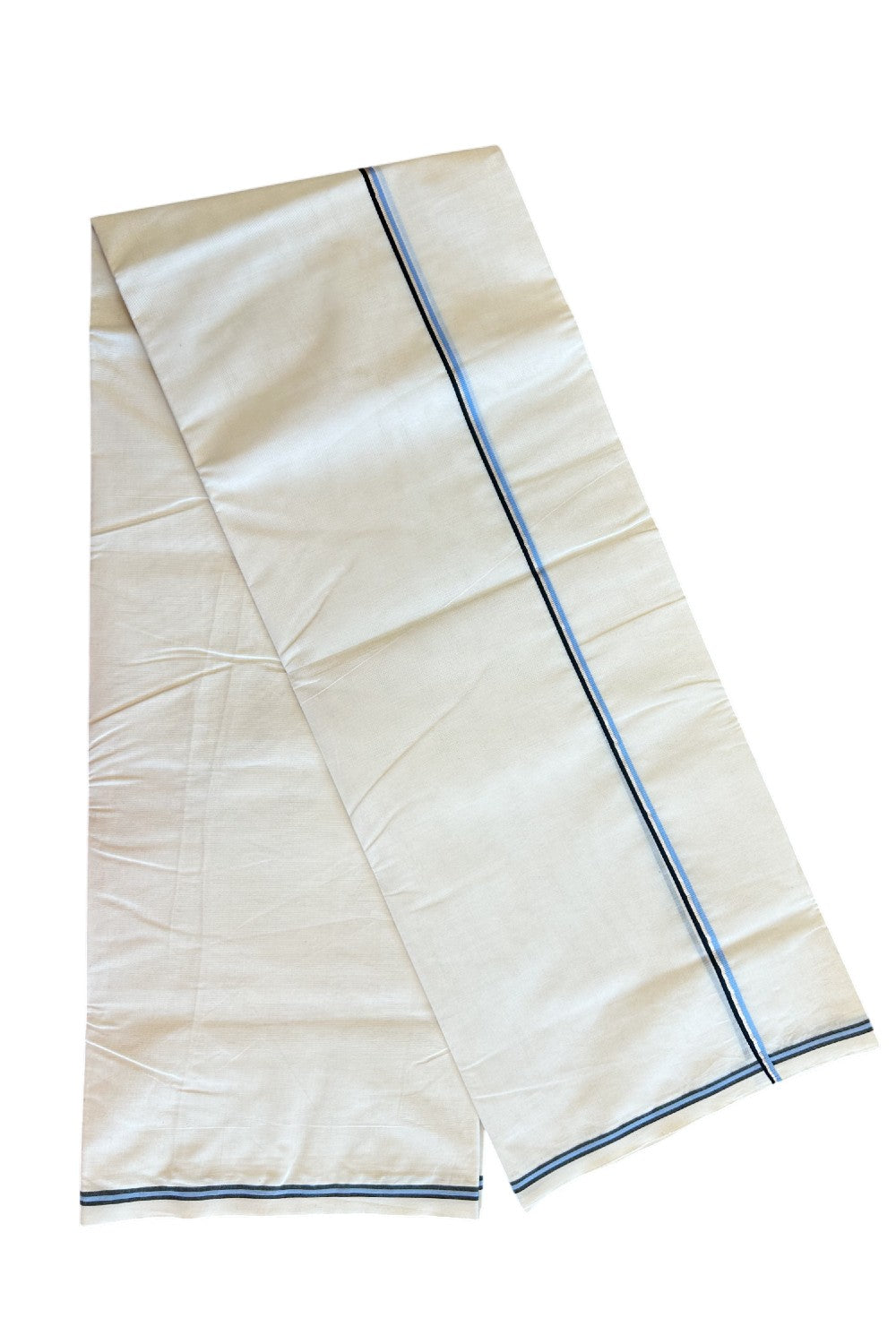 19% Discount!!  KaithariKada Balaramapuram 100% Cotton Double off white - (Unbleached) Mundu/Dhoti - 100X100 Blue Black & Silver Striped kara - 6KK5035ASH