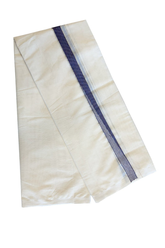 5% Discount!!! KaithariKada Balaramapuram  Double Off white - (Unbleached) Mundu/Dhoti - 80X90 - 1.75 inch Silver kasavu Violet Indigo heavy chutty - 6KK5037KAI