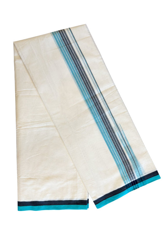 5% Discount!!! KaithariKada Balaramapuram  Double Off white - (Unbleached) Mundu/Dhoti - 80X90 - 1.75 inch Black Green Blue & Silver Striped puliyilakkara chutty Striped Kara- 20KK5037KAI