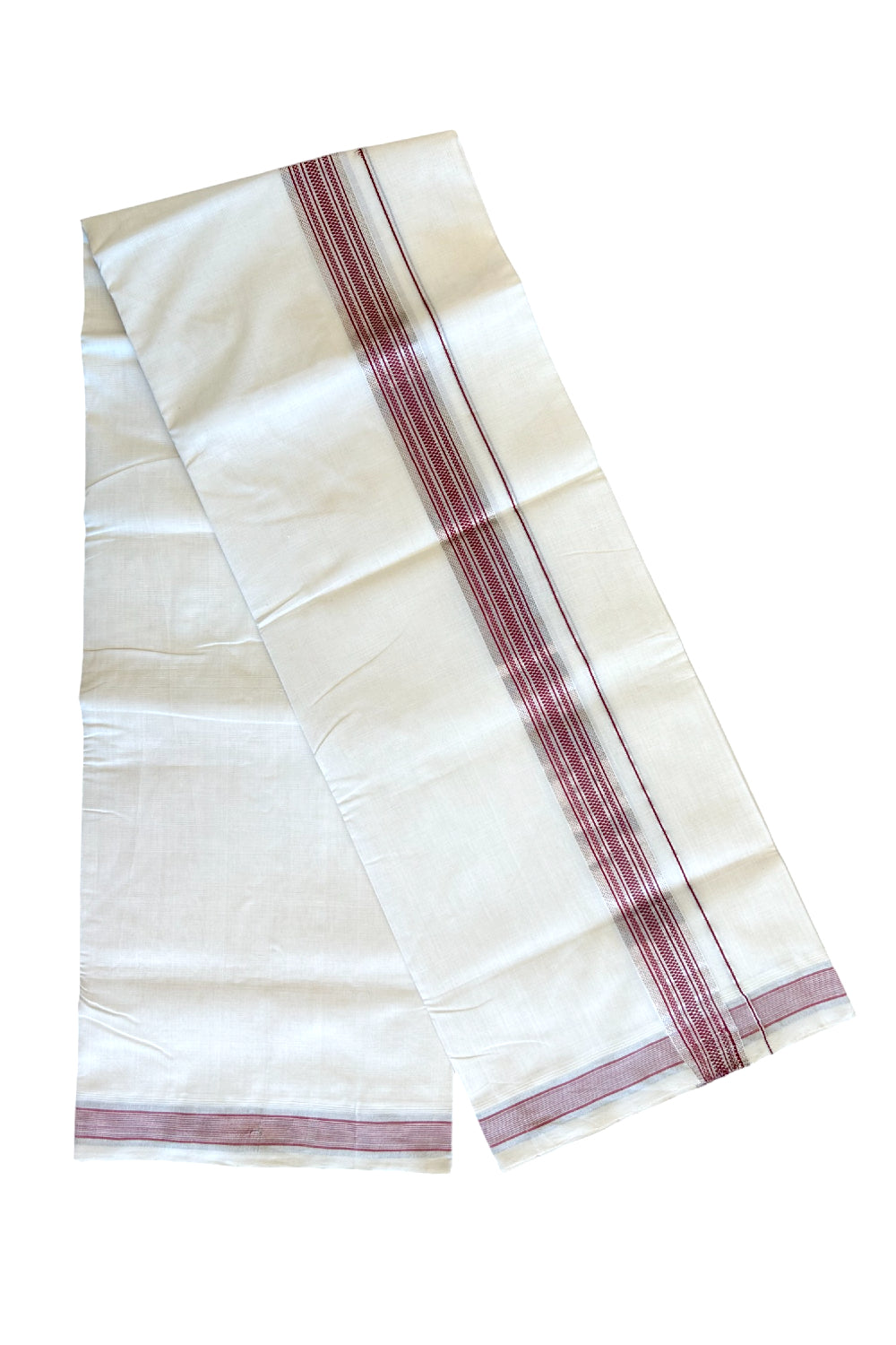 15% DISCOUNT! KaithariKada BALARAMAPURAM HANDLOOM UNAKKUPAAV - 100% PURE Cotton Double Mundu/Dhoti - 2.25 inch Silver Kasavu & Maroon Stripes Kara- 6KK503RAM