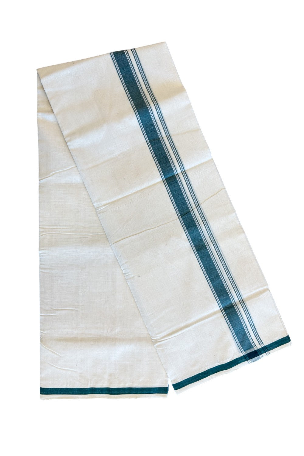 21% Discount KaithariKada HANDLOOM Unakkupaav Balaramapuram - 100% PURE Cotton off white (Unbleached) Double Mundu/Dhoti -1.75 inch Dark Green with stripes & Solid kara-166