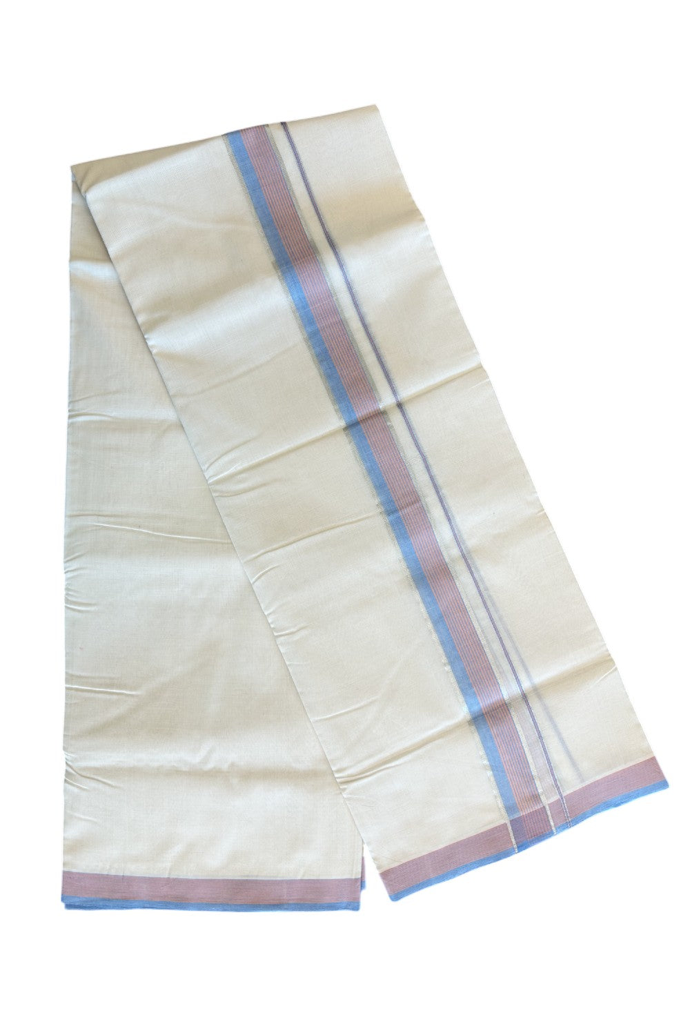 21% Discount KaithariKada HANDLOOM Unakkupaav Balaramapuram - 100% PURE Cotton Off white (Unbleached) Double Mundu/Dhoti - 2 inch  Blue+Pink-Orange Stripes & Silver kasavu - 140