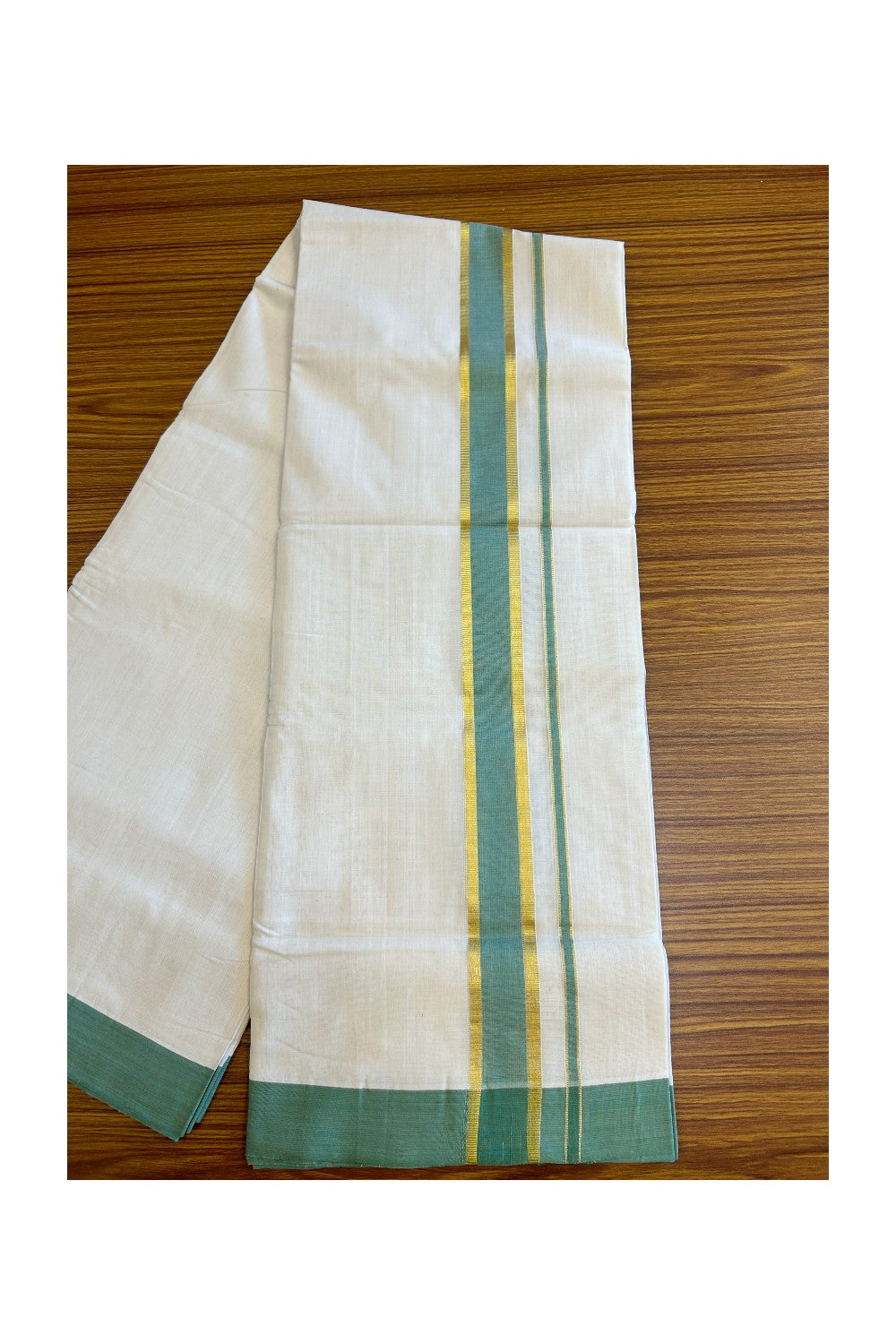 21% Discount KaithariKada HANDLOOM Unakkupaav Balaramapuram - 100% PURE Cotton Off White (Unbleached) Double Mundu/Dhoti - 2.5 inch Kasavu & Blue Green Stripes-212