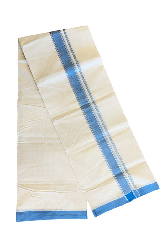 20% Discount !! KaithariKada Balaramapuram 100% Cotton Double Off white -(Unbleached) Mundu/Dhoti-100x80 - 2inch Silver Kasavu & Blue Striped Kara- 6KK5045ASH