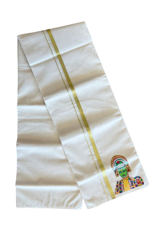 KaithariKada Balaramapuram 100% Cotton Double Off white - (Unbleached) Mundu/Dhoti-100x80 1 inch Kasavu & Hand Painted Chakyar Koothu Design Kara 3.70 meter- 6KK5046KK