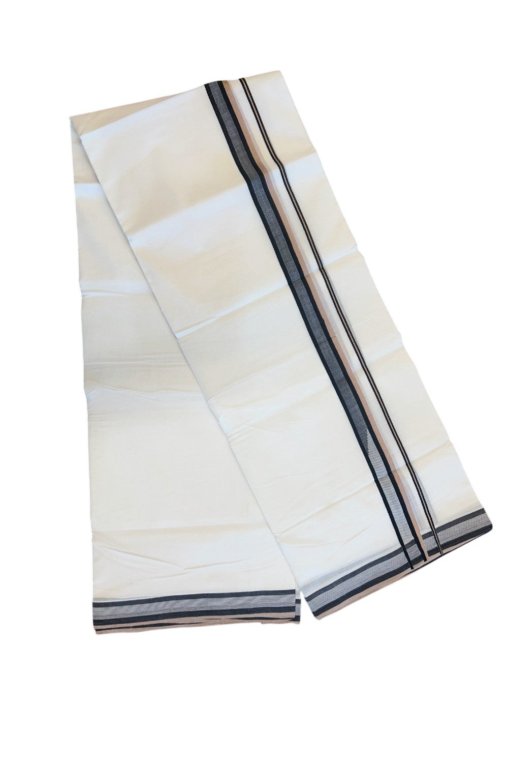 24% Disocunt! NEW PURE WHITE HANDLOOM UNAKKUPAAV Balaramapuram - 100% Cotton Double Pure White - Mundu/Dhoti - 100x100 1.25 inch BLACK & SAND BROWN Striped Kara 3.68 mtrs - 6KK5048REA