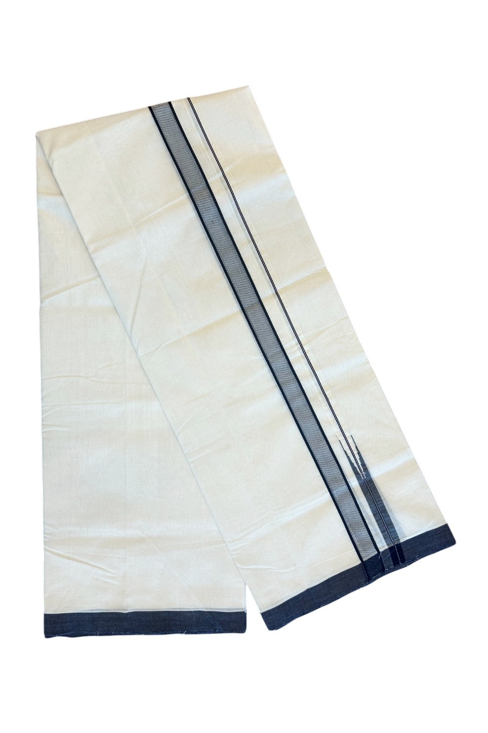 26% DISCOUNT!! KaithariKada HANDLOOM UNAKKUPAAV Balaramapuram - 100% PURE Cotton OFF White Double - (Unbleached) Mundu/Dothi - 1 inch Puliyilakkara Black Stripes chutty - 6KK5049REA