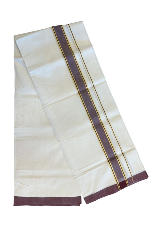 15% DISCOUNT! KaithariKada BALARAMAPURAM HANDLOOM UNAKKUPAAV - 100% PURE Cotton off white (Unbleached) Double Mundu/Dhoti - 2.5inch  Kasavu & Maroon Kara-44