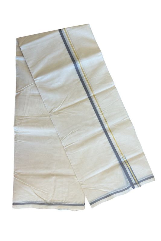 17% DISCOUNT! KaithariKada Balaramapuram 100% Cotton Double Off white - (Unbleached) - Mundu/Dhoti-100x100 - 1.cm Chutty Puliyilakkara Kasavu & Ash Grey Kara- 13