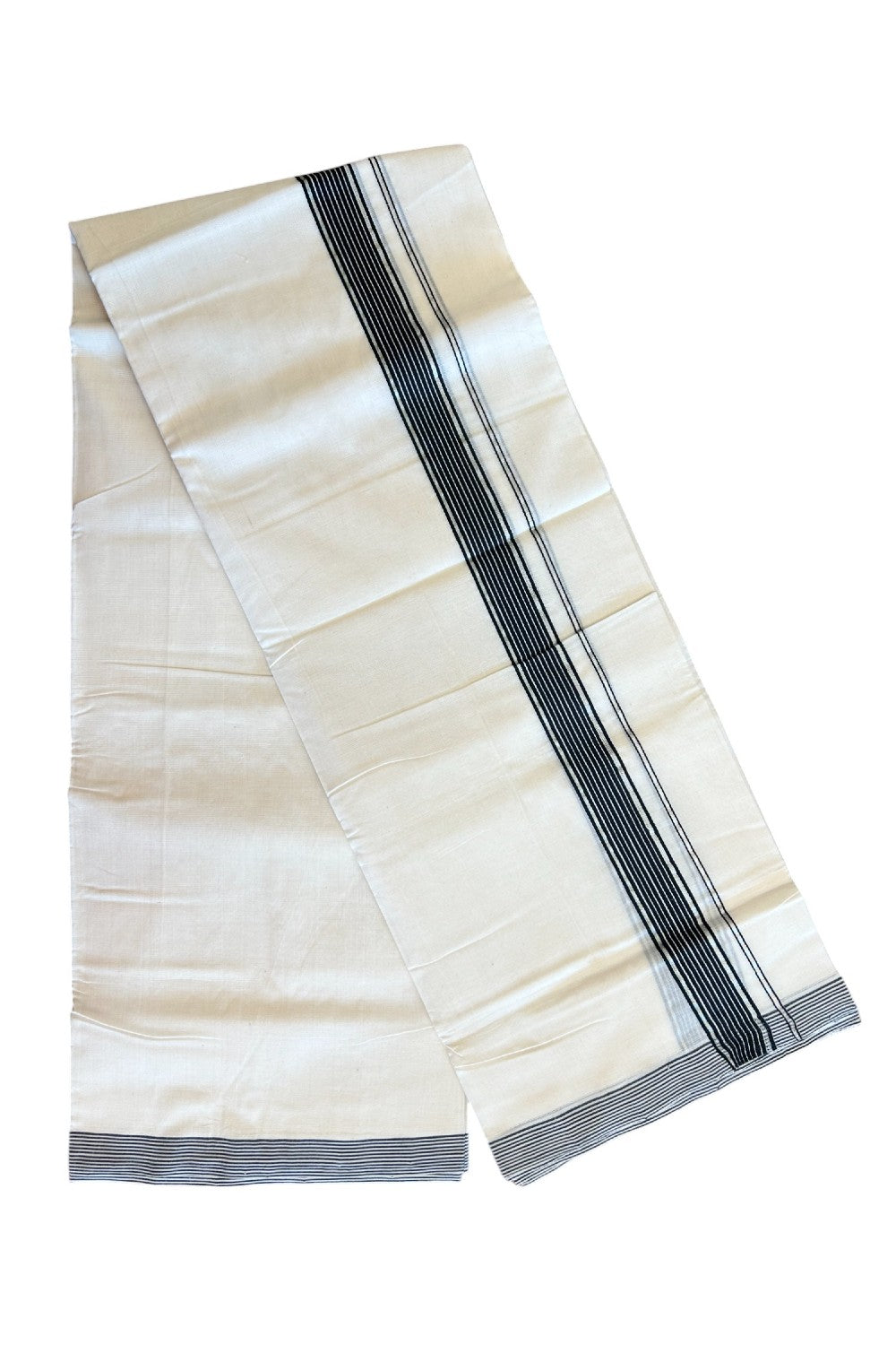 15% DISCOUNT! KaithariKada BALARAMAPURAM HANDLOOM UNAKKUPAAV - 100% PURE Cotton off white (Unbleached) Double Mundu/Dhoti - 2  inch Silver Kasavu & Black Stripes Kara-65