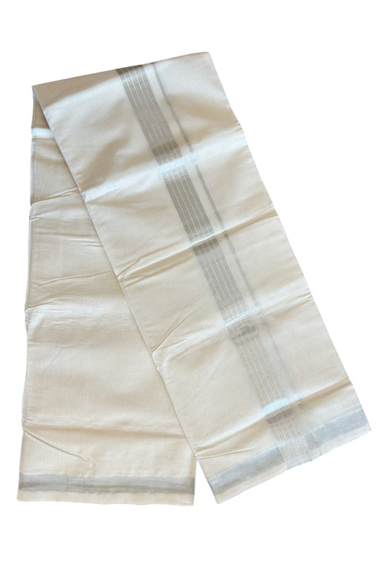 19% DISCOUNT! KaithariKada HANDLOOM Millpaav Balaramapuram - 100% PURE Cotton Off White -  Double Mundu/Dhoti - 2.25 inch Silver Kasavu Stripes Kara - 6KK5065KK