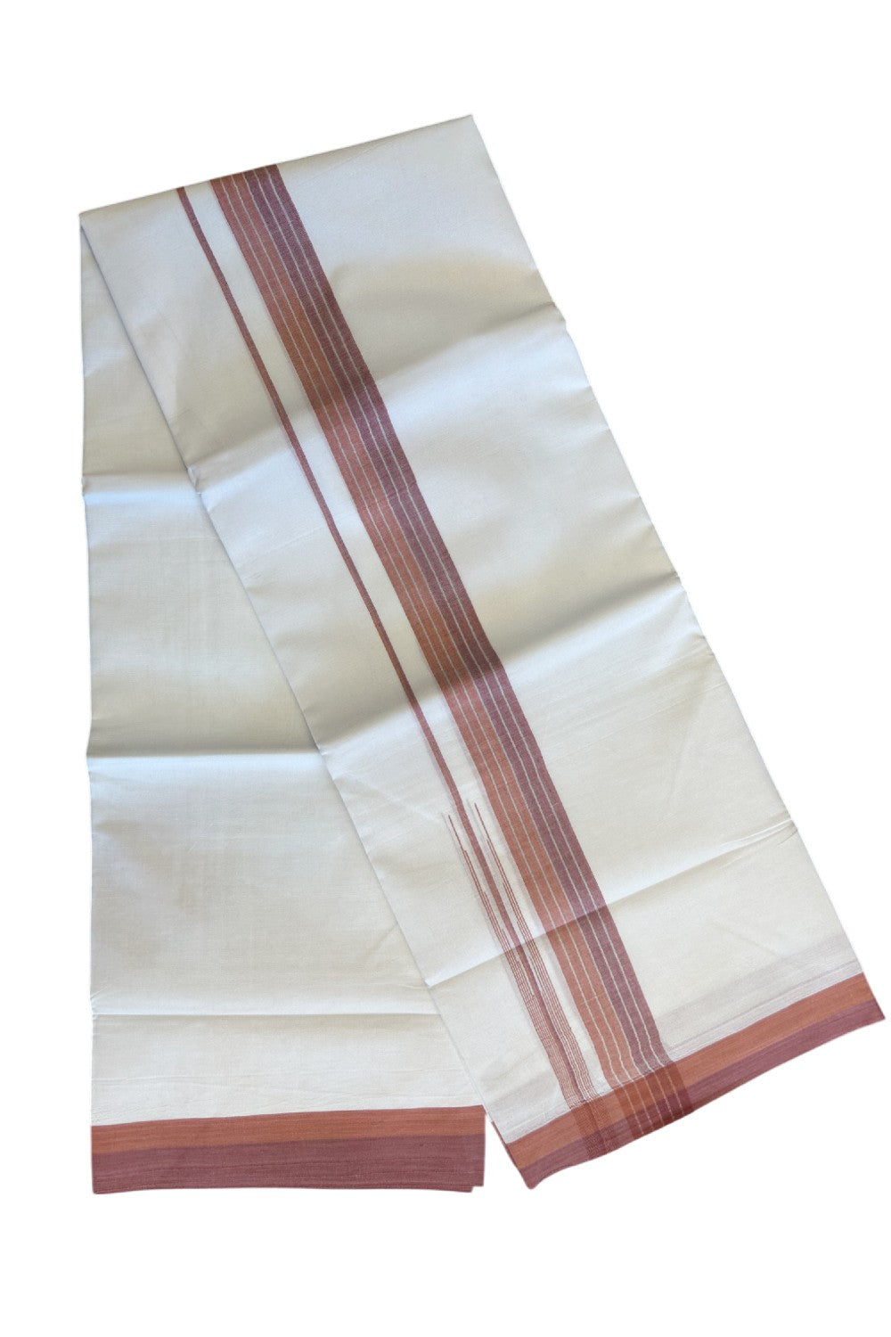 19% Discount!!! KaithariKada Balaramapuram  PURE WHITE Double Mundu/Dhoti - 80X90 - 2.25 inch Silver stripes Brick Orange & Light maroon  puliyilakkara striped chutty kara 3.85 meters - 6KK5058GUN