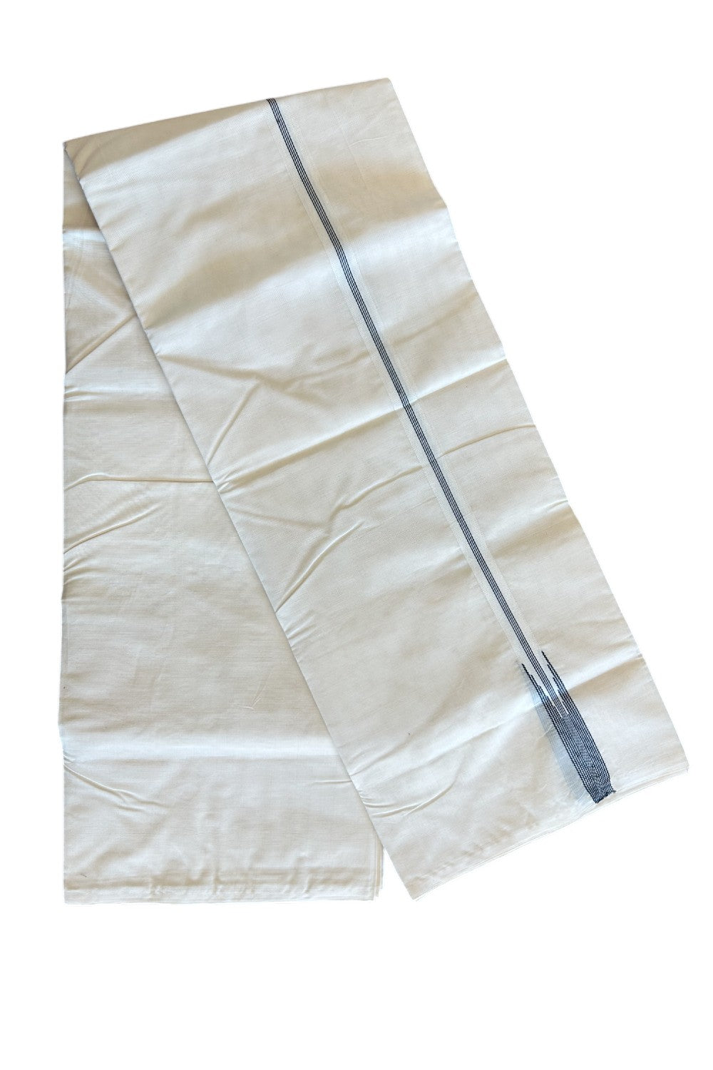 26% Discount! KaithariKada Balaramapuram 100% Cotton Double Off white - (Unbleached) Mundu/Dhoti-100X100- 4 LINE BLACK STRIPES 2 cm  Kara.- 14