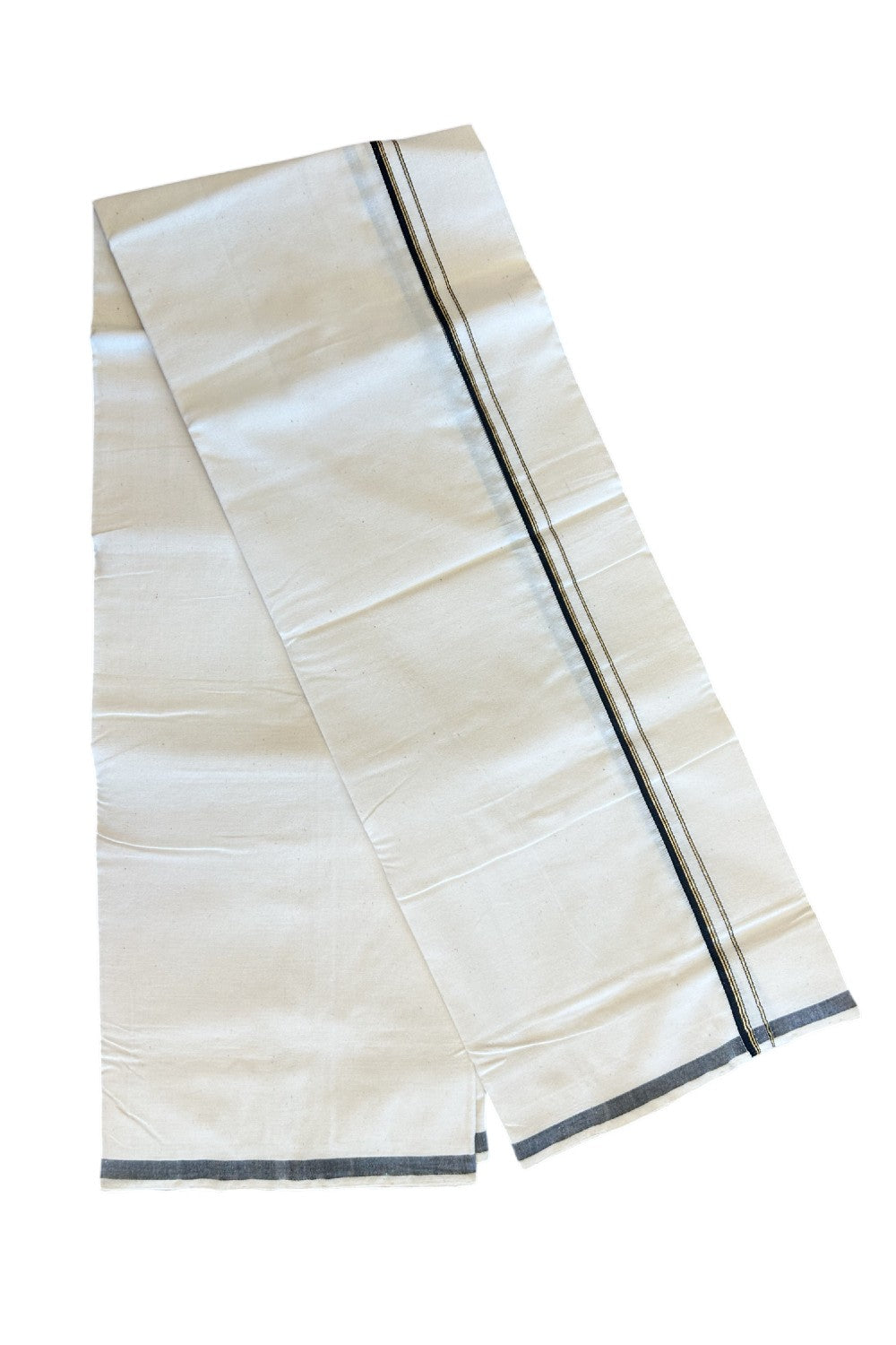 32% Discount ! KaithariKada 100% Cotton Balaramapuram HANDLOOM Single Mundu/Dhoti - Off White (Unbleached) 1.cm Black & kasavu stripes  kara -9