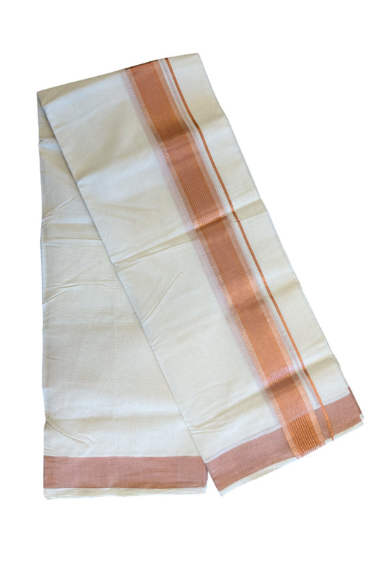 15% DISCOUNT ! KaithariKada HANDLOOM Unakkupaav Balaramapuram - 100% PURE Cotton Off White - (Unbleached) Double Mundu/Dhoti - Copper Striped 2.5 inch KARA- 5KK44RAM.