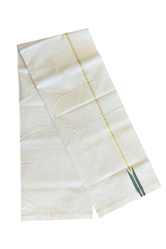 21% DISCOUNT!! KaithariKada HANDLOOM Unakkupaav Balaramapuram - 100% PURE Cotton OFF White (Unbleached) Double Mundu/Dothi - Kasavu gold striped dark green puliyilakkara Chutty - 6KK114ASH