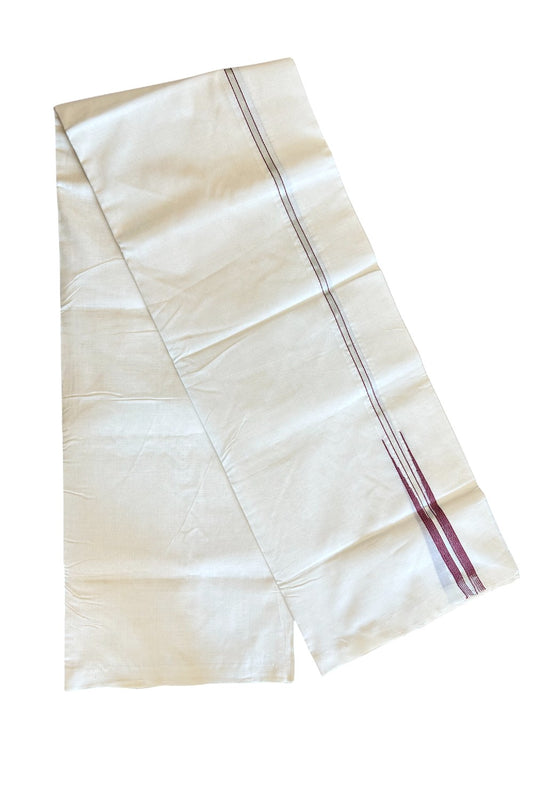 21% DISCOUNT!! KaithariKada HANDLOOM Unakkupaavu Balaramapuram - 100% PURE Cotton OFF White (Unbleached) Double Mundu/Dothi - Silver Kasavu & Maroon puliyilakkara chutty-10KK403RAM