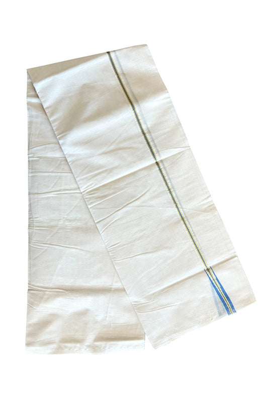 25% DISCOUNT! KaithariKada Balaramapuram 100% Cotton Double Off white (Unbleached) Mundu/Dhoti-100x100  1.5 cm Chutty Puliyilakkara Muthukuri Kasavu & Sky Blue Kara- 8KK417ASH