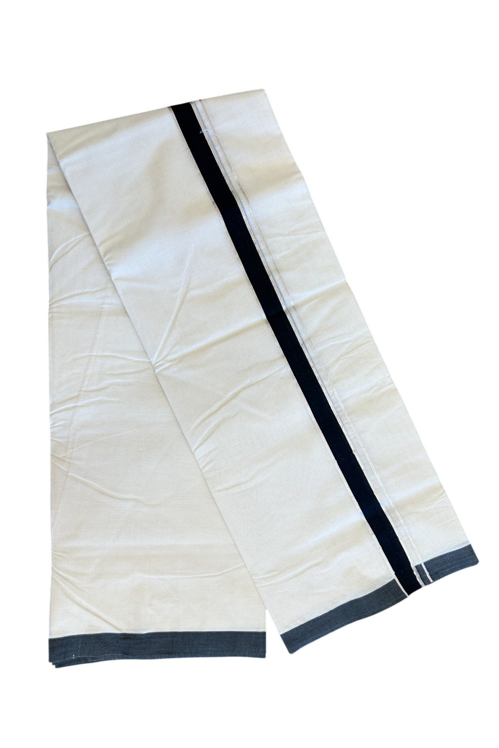 19% Discount ! KaithariKada Balaramapuram 100% Cotton Double Off white - (Unbleached) - Mundu/Dhoti-100X100 - 1.5inch Silver Kasavu & Black Kara.- 6KK5074ASH