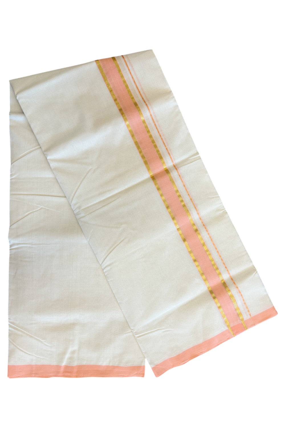 19% Discount !! KaithariKada HANDLOOM millpaav Balaramapuram - 100% PURE Cotton OFF White Double - (Unbleached)  Mundu/Dothi - 2.25  inch Kasavu & Peach Kara 4.5 Meters (10 Muzham) - 6KK5081RAM