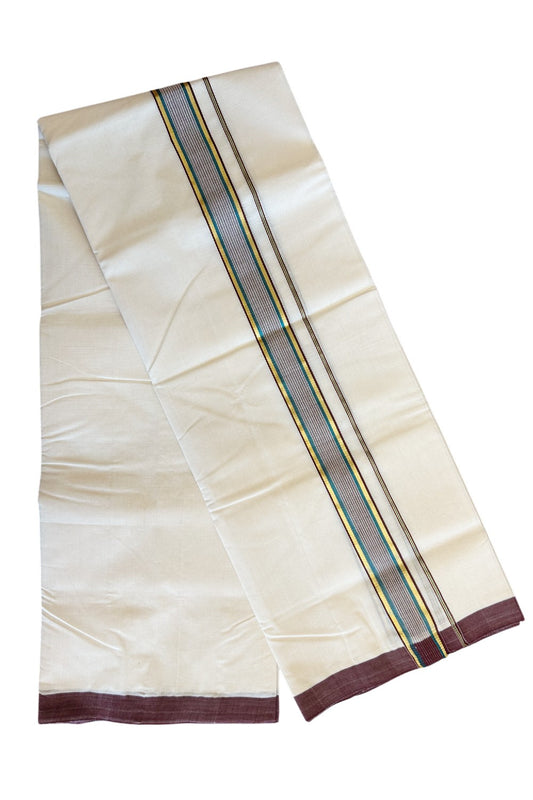 19% Discount !! KaithariKada HANDLOOM UNAKKUPAAV Balaramapuram - 100% PURE Cotton OFF White (Unbleached) Double Mundu/Dothi - 2.25 Inch Brown Peacock Blue & Kasavu Striped Kara - 6KK5082RAM