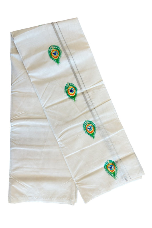 KaithariKada Balaramapuram 100% Cotton Double Off white - (Unbleached) Mundu/Dhoti-100x80 0.75 inch SILVER Kasavu & Hand Painted Peacock Feather Design Kara 3.70 meter- 6KK5083ASH