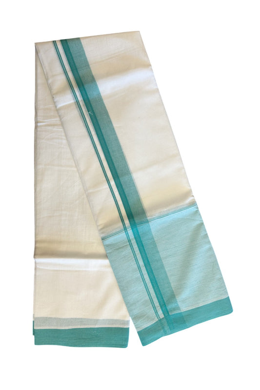 19% DISCOUNT!! Kaitharikada Balaramapuram 100% Cotton Ultra WHITE Double Mundu/Dothi-100x100  2 Inch TURQUOISE GREEN SHADED Striped Cotton Kara 3.75m- 6KK5086RAM