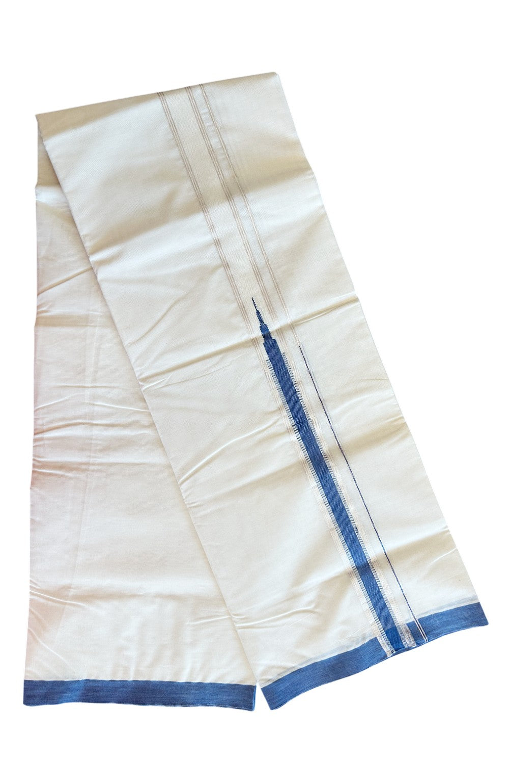 19% Discount !! KaithariKada Balaramapuram 100% Cotton Double Off White - (Unbleached) Mundu/Dhoti-100x100 1.5 inch Heavy Chutty Silver Kasavu & Blue Striped kara - 6KK5088ASH