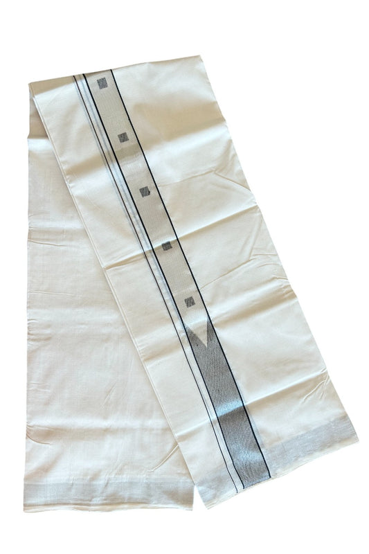 19% DISCOUNT ! KaithariKada HANDLOOM Unakkupaav Balaramapuram - 100% PURE Cotton Off White - (Unbleached) Double Mundu/Dhoti - 1.75 inch Silver Kasavu & Black heavy Chutty Design Kara- 7KK5089YAR